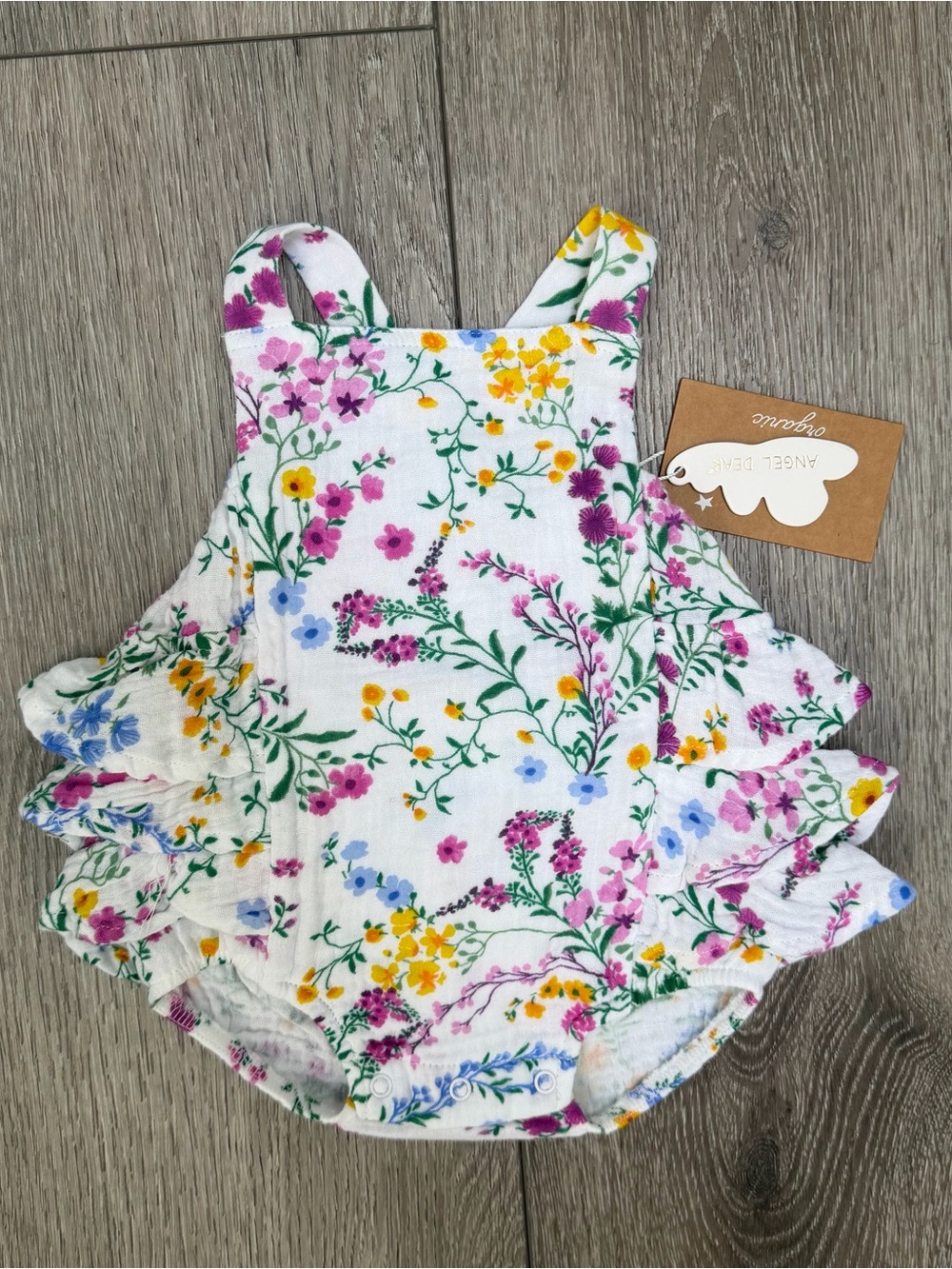ANGEL DEAR RUFFLE SUNSUIT ROMPER ONE PIECE RUFFLE BOTTOM ADJUSTABLE STRAPS O-3MO